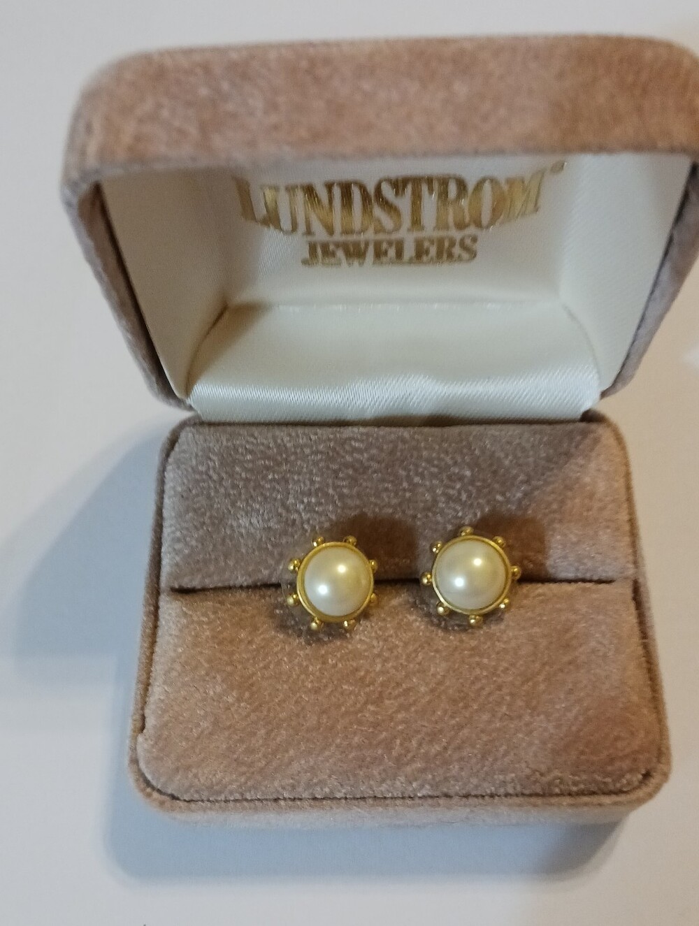 Vintage Faux Pearl Stud Earrings, 1980s Goldtone Design, Velvet Box